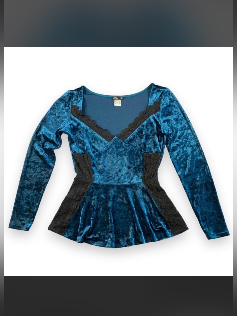 Venus Blue Velvet Top XS Lace Princess Seam Sweetheart Fitted Waist Whimsigoth